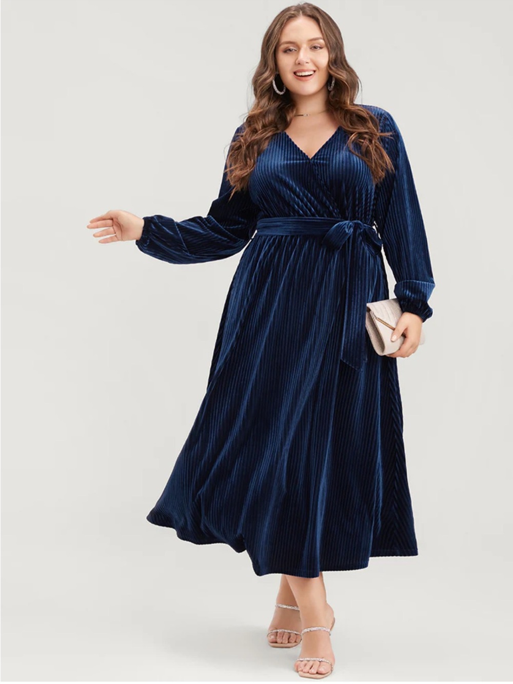 BLOOMCHIC | Striped Velvet Pocket Lantern Sleeve Belted Wrap Dress, Size 14-16